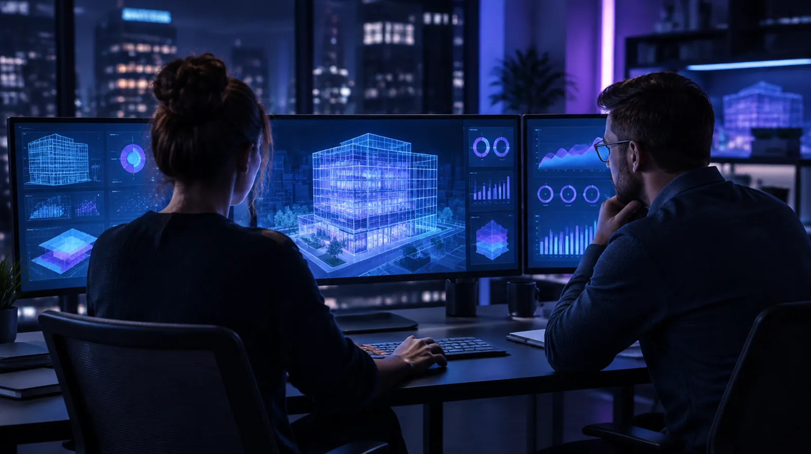 Team vor Bildschirmen mit einem digitalen Gebäudemodell