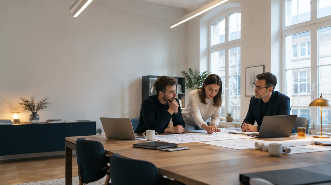 Besprechung am Tisch mit Gebäudeplänen